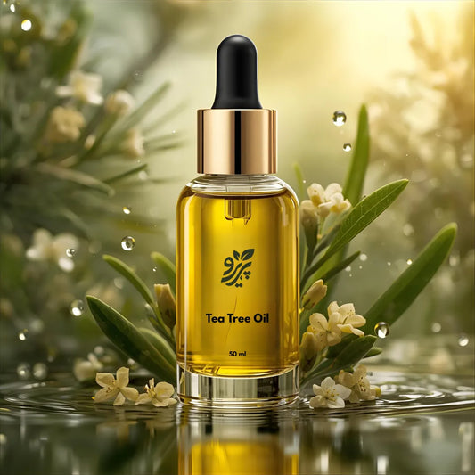 Pareero Tea Tree Oil Cold Pressed 50ml — 100% pure and organic antibacterial oil for acne treatment, scalp care, and skin purification. Helps reduce pimples, dandruff, and irritation while soothing and balancing oily skin. Premium cold-pressed formula ideal for skincare, haircare, and body care.