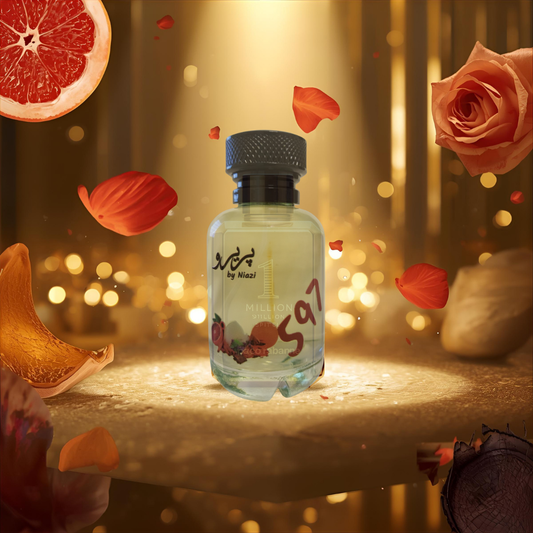 "Pareero 1 Million-inspired masculine perfume with grapefruit, mandarin, rose, cinnamon, amber, leather, and woody notes, premium fragrance bottle."