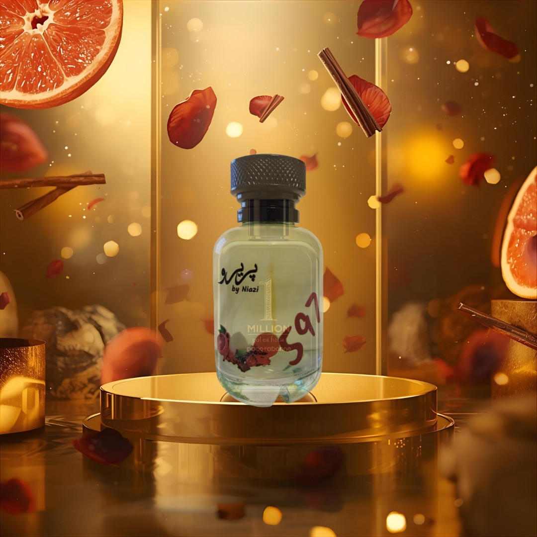 "Pareero 1 Million-inspired masculine perfume with grapefruit, mandarin, rose, cinnamon, amber, leather, and woody notes, premium fragrance bottle."