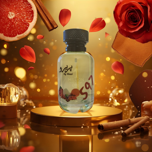 "Pareero 1 Million-inspired masculine perfume with grapefruit, mandarin, rose, cinnamon, amber, leather, and woody notes, premium fragrance bottle."