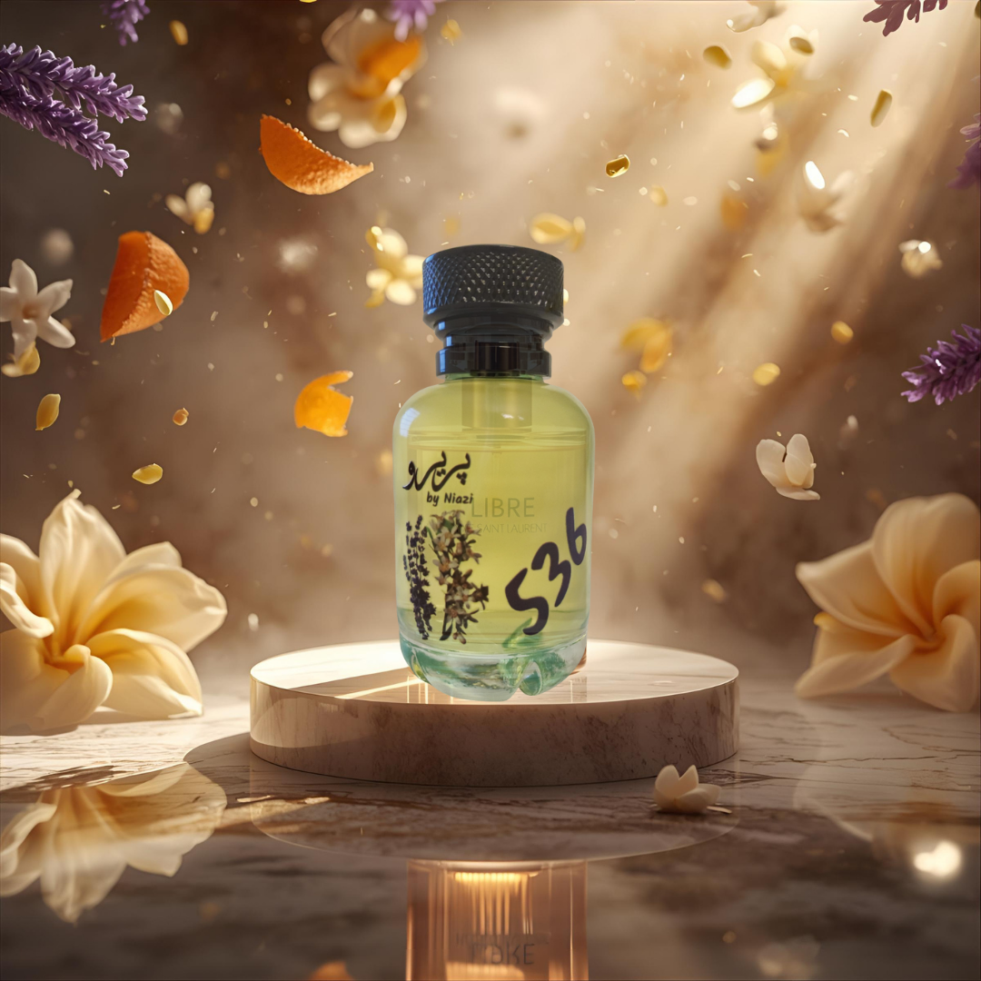 "Pareero Libre-inspired feminine perfume with lavender, orange blossom, jasmine, mandarin, vanilla, musk, and cedarwood notes, high-end fragrance bottle."