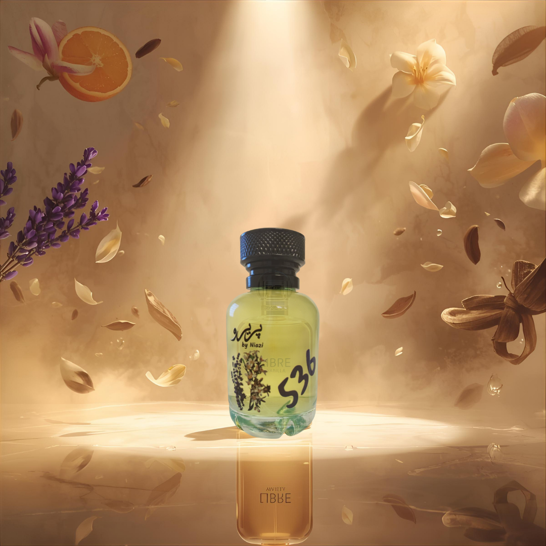 "Pareero Libre-inspired feminine perfume with lavender, orange blossom, jasmine, mandarin, vanilla, musk, and cedarwood notes, high-end fragrance bottle."