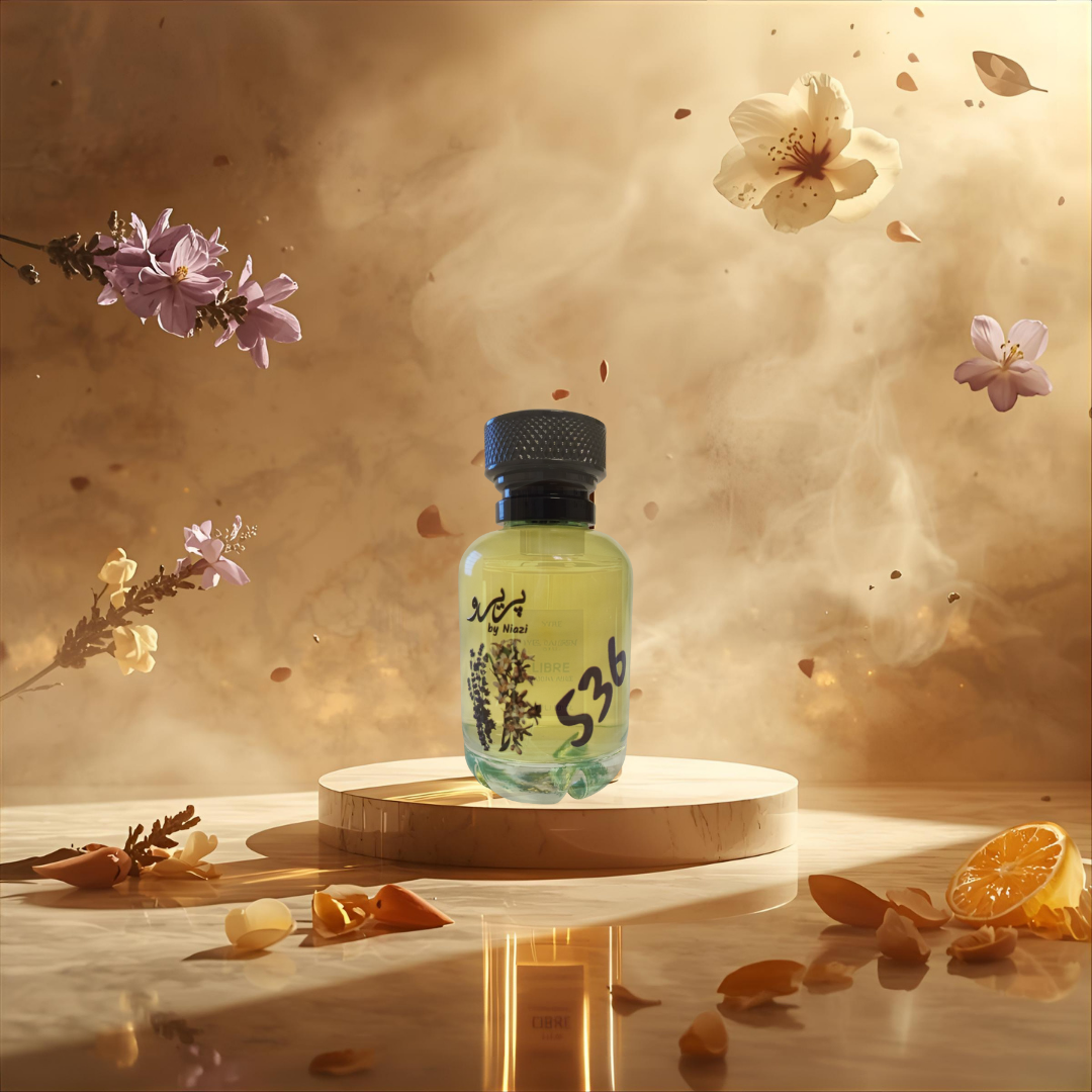 "Pareero Libre-inspired feminine perfume with lavender, orange blossom, jasmine, mandarin, vanilla, musk, and cedarwood notes, high-end fragrance bottle."