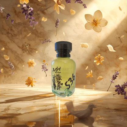 "Pareero Libre-inspired feminine perfume with lavender, orange blossom, jasmine, mandarin, vanilla, musk, and cedarwood notes, high-end fragrance bottle."