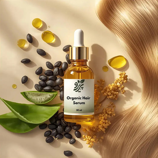 Pareero Organic Hair Serum with argan oil, jojoba oil, castor oil, black seed oil, aloe vera, and vitamin E – natural shine and hair growth treatment.