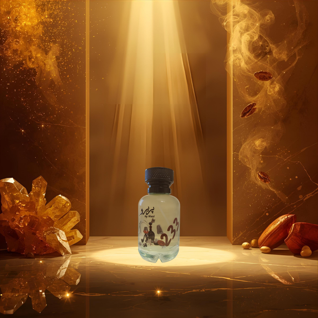 "Pareero 233 premium perfume inspired by Tragedy of George, featuring notes of brandy, amber, leather, tonka bean, and incense, luxury niche fragrance bottle."
