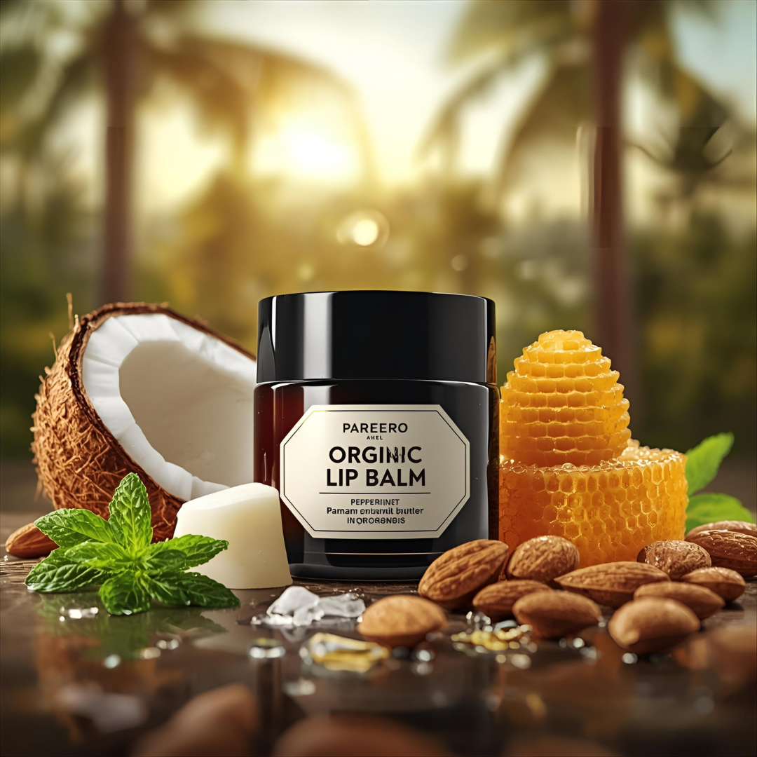 “Pareero Organic Lip & Cuticles Balm – natural vegan formula with beeswax, shea butter, coconut oil, almond oil, castor oil, peppermint oil, and vitamin E.”