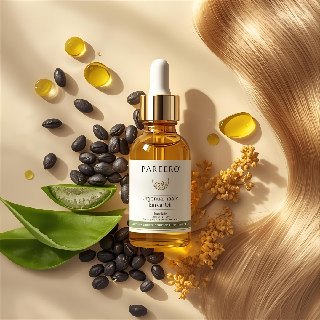 “Pareero Organic Hair Serum with argan oil, jojoba oil, castor oil, black seed oil, aloe vera, and vitamin E – natural shine and hair growth treatment.”