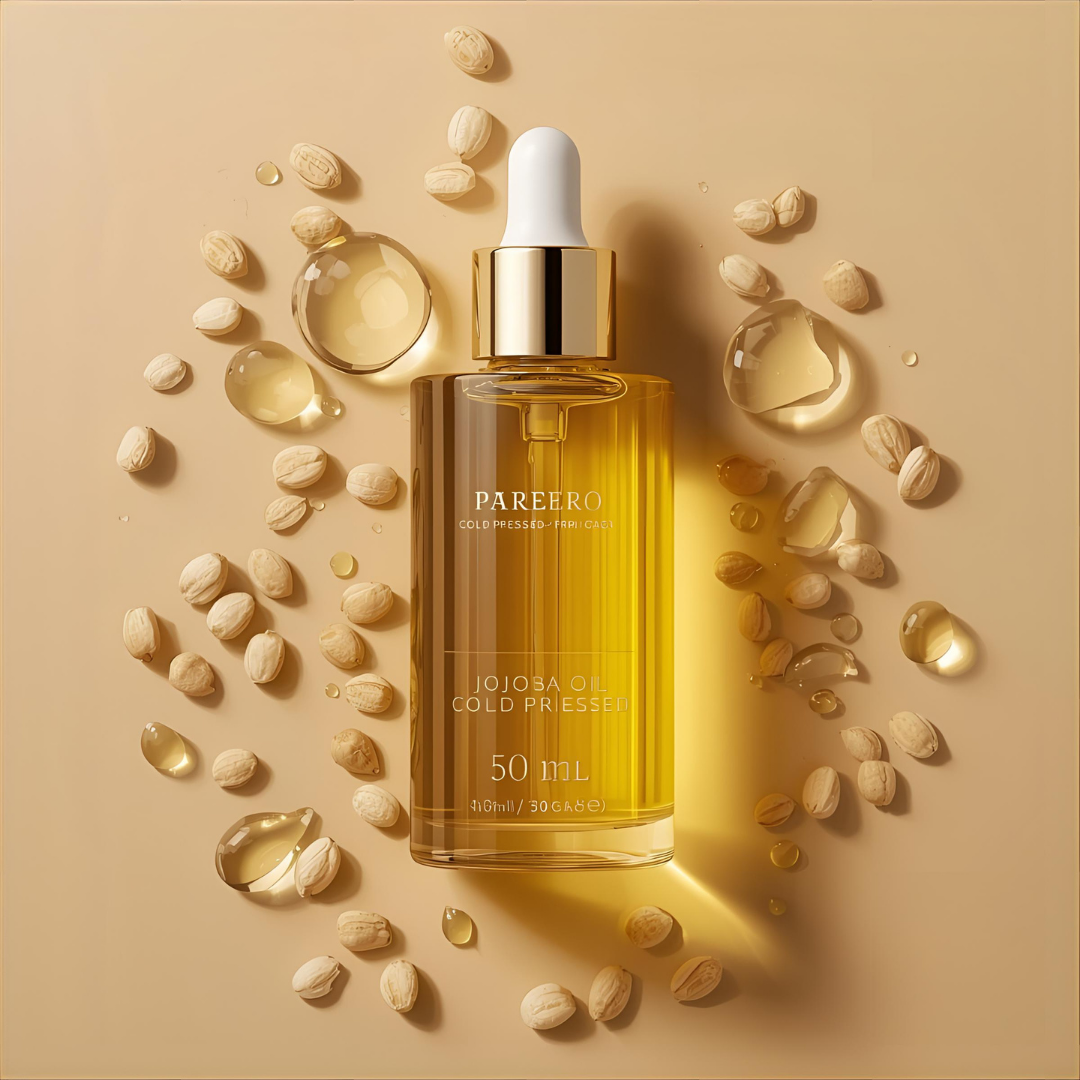 Pareero Jojoba Oil Cold Pressed 50ml — 100% pure, organic skincare oil for deep hydration, nourishing dry skin, strengthening hair, reducing fine lines, and promoting healthy, glowing skin. Premium cold-pressed formula for daily skincare and haircare routines.