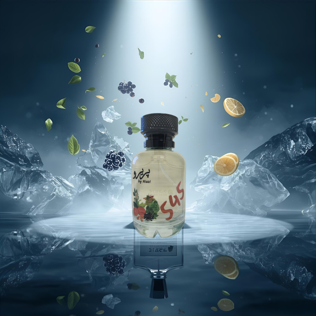 "Pareero Silver Mountain Water-inspired luxury perfume with green tea, bergamot, blackcurrant, alpine musk, woody and fresh water notes, high-end fragrance bottle."