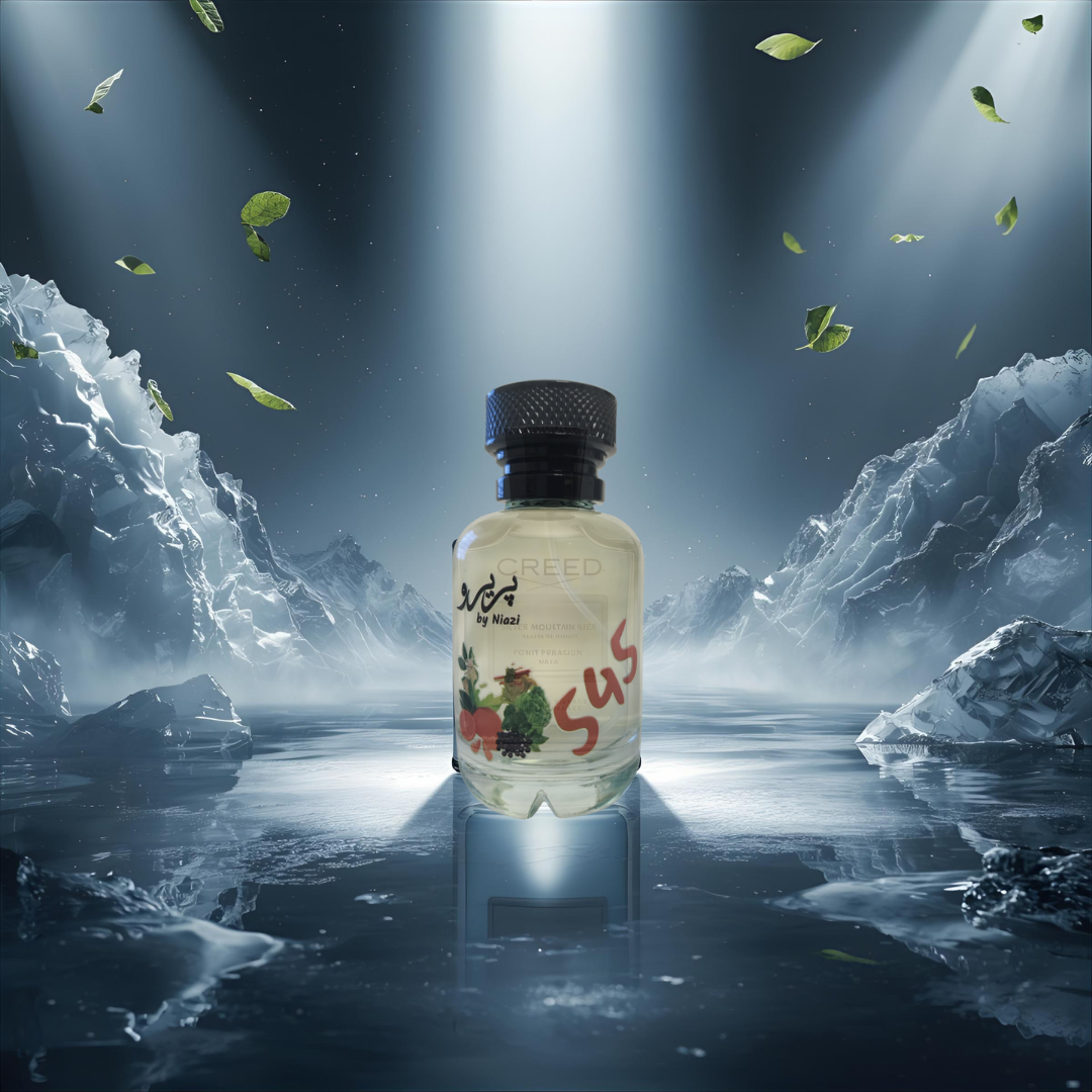 "Pareero Silver Mountain Water-inspired luxury perfume with green tea, bergamot, blackcurrant, alpine musk, woody and fresh water notes, high-end fragrance bottle."