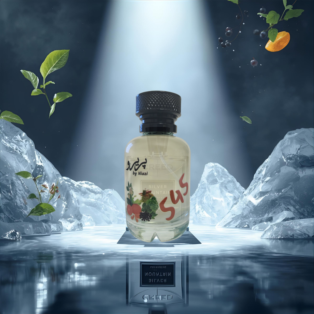 "Pareero Silver Mountain Water-inspired luxury perfume with green tea, bergamot, blackcurrant, alpine musk, woody and fresh water notes, high-end fragrance bottle."