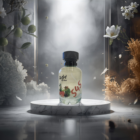 "Pareero Silver Mountain Water-inspired luxury perfume with green tea, bergamot, blackcurrant, alpine musk, woody and fresh water notes, high-end fragrance bottle."