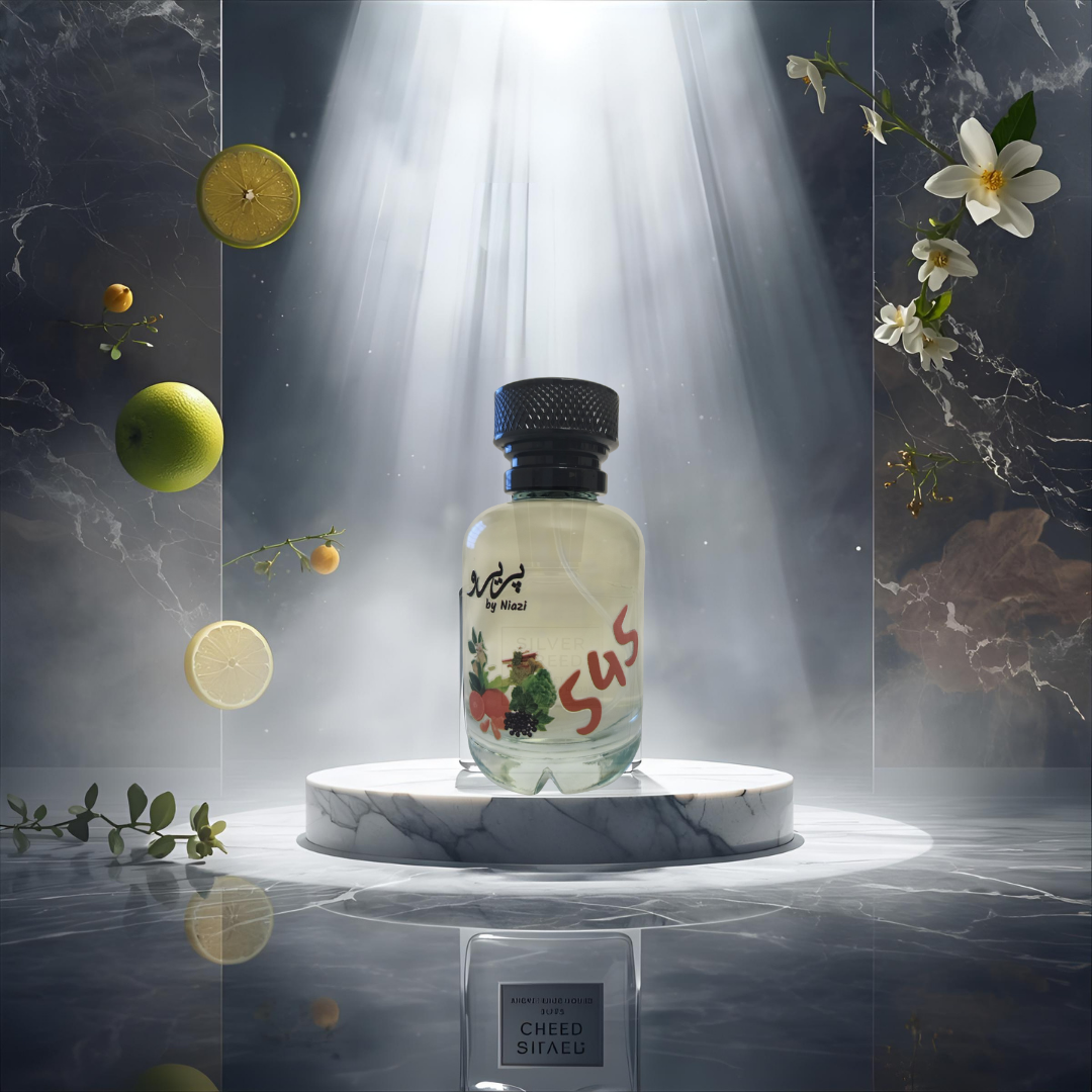 "Pareero Silver Mountain Water-inspired luxury perfume with green tea, bergamot, blackcurrant, alpine musk, woody and fresh water notes, high-end fragrance bottle."