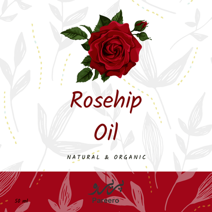 areero Rosehip Oil Cold Pressed 50ml — 100% pure and organic facial oil rich in vitamins A and C for brightening, hydrating, and rejuvenating skin. Helps fade scars, reduce wrinkles, even skin tone, and promote a healthy, youthful glow. Premium cold-pressed formula ideal for skincare, haircare, and body care.