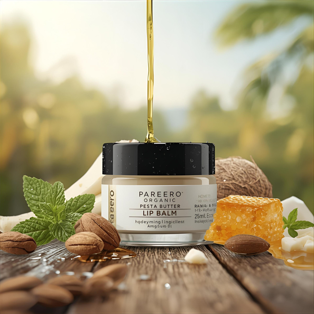 “Pareero Organic Lip & Cuticles Balm – natural vegan formula with beeswax, shea butter, coconut oil, almond oil, castor oil, peppermint oil, and vitamin E.”