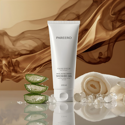“Pareero Oud Shower Gel 200ml – premium body wash with aloe vera, glycerin, conditioner, and oud fragrance for soft, nourished skin.”