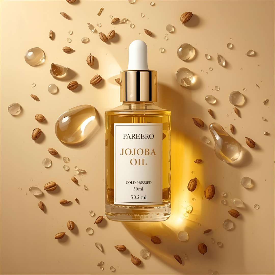 Pareero Jojoba Oil Cold Pressed 50ml — 100% pure, organic skincare oil for deep hydration, nourishing dry skin, strengthening hair, reducing fine lines, and promoting healthy, glowing skin. Premium cold-pressed formula for daily skincare and haircare routines.