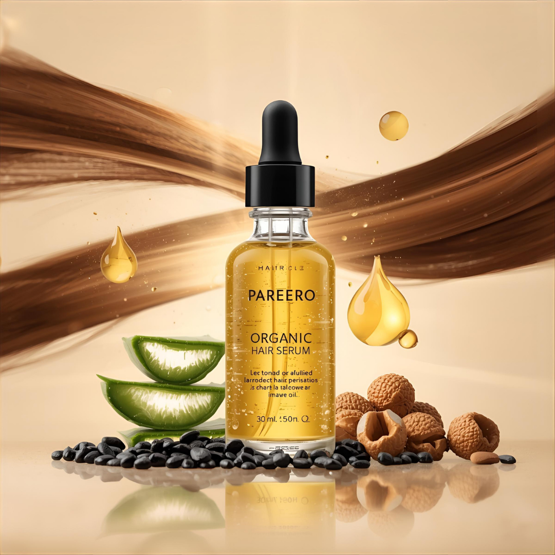 “Pareero Organic Hair Serum with argan oil, jojoba oil, castor oil, black seed oil, aloe vera, and vitamin E – natural shine and hair growth treatment.”