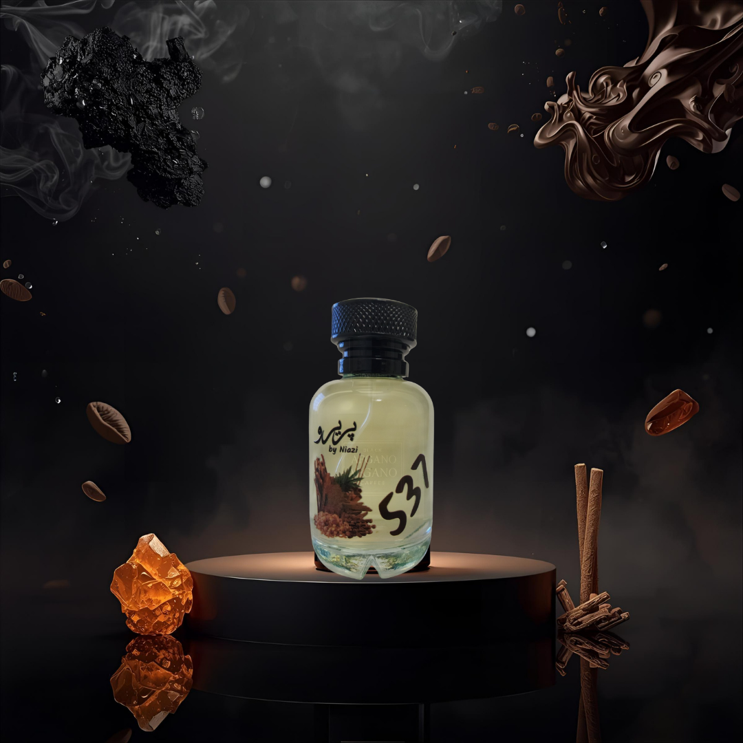 "Pareero Black Afgano-inspired luxury perfume with dark resin, cannabis, coffee, oud, amber, incense, and woody notes, premium oriental fragrance bottle."