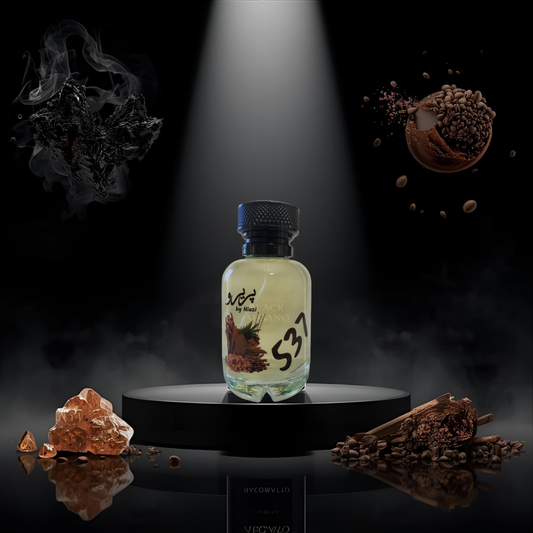 "Pareero Black Afgano-inspired luxury perfume with dark resin, cannabis, coffee, oud, amber, incense, and woody notes, premium oriental fragrance bottle."