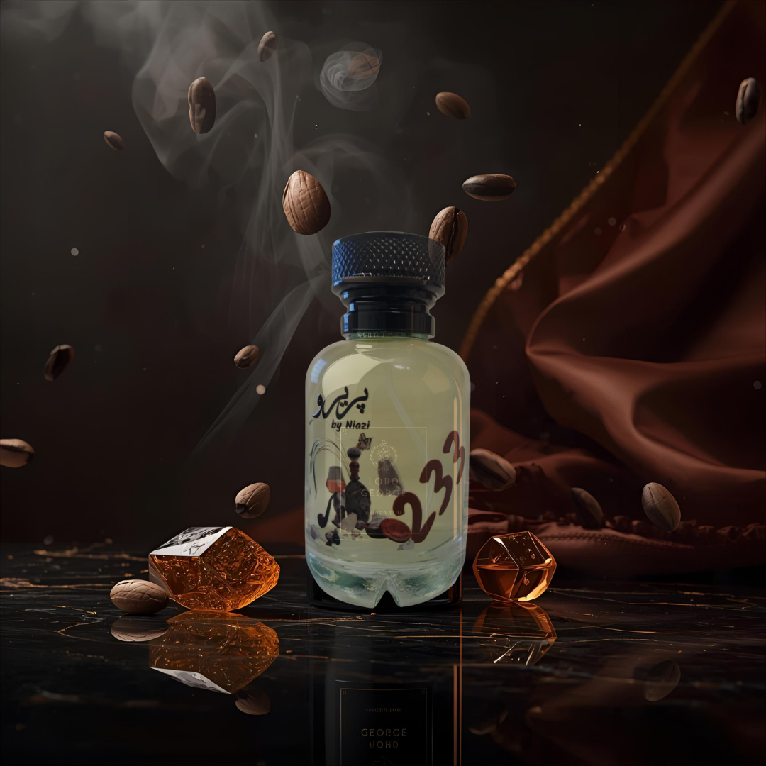 "Pareero 233 premium perfume inspired by Tragedy of George, featuring notes of brandy, amber, leather, tonka bean, and incense, luxury niche fragrance bottle."