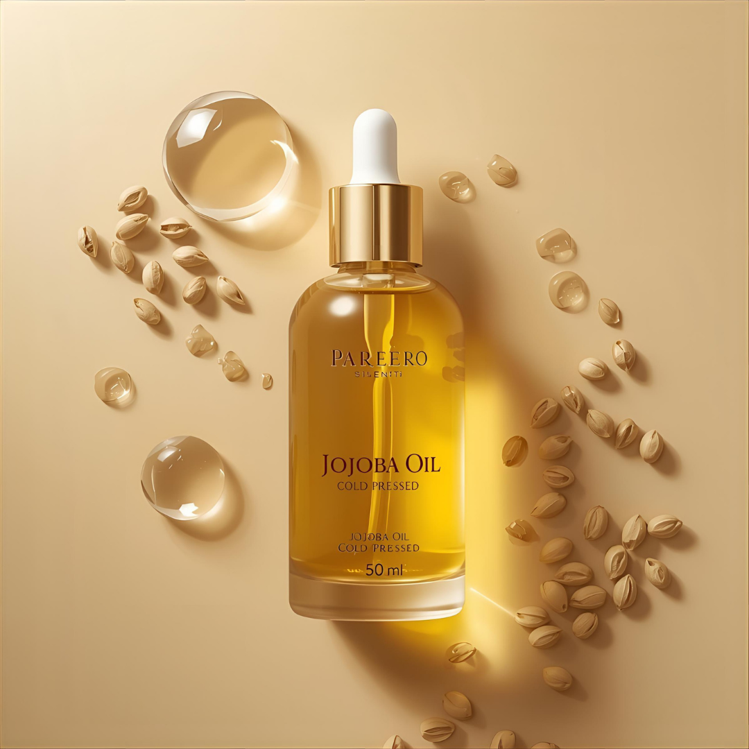 Pareero Jojoba Oil Cold Pressed 50ml — 100% pure, organic skincare oil for deep hydration, nourishing dry skin, strengthening hair, reducing fine lines, and promoting healthy, glowing skin. Premium cold-pressed formula for daily skincare and haircare routines.