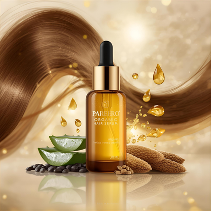 “Pareero Organic Hair Serum with argan oil, jojoba oil, castor oil, black seed oil, aloe vera, and vitamin E – natural shine and hair growth treatment.”
