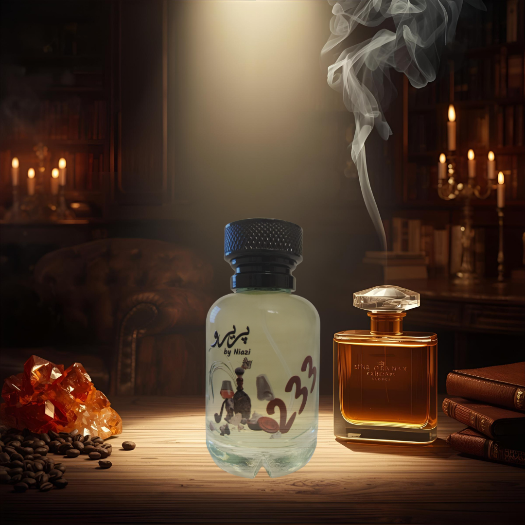 "Pareero 233 premium perfume inspired by Tragedy of George, featuring notes of brandy, amber, leather, tonka bean, and incense, luxury niche fragrance bottle."