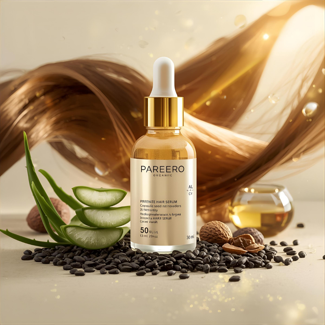 “Pareero Organic Hair Serum with argan oil, jojoba oil, castor oil, black seed oil, aloe vera, and vitamin E – natural shine and hair growth treatment.”