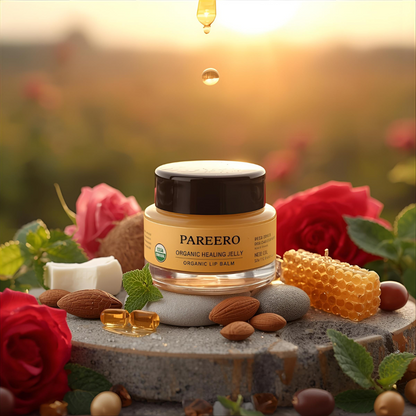 “Pareero Organic Healing Jelly – natural vegan multi-purpose skin balm with beeswax, coconut oil, almond oil, olive oil, rosehip oil, castor oil, and vitamin E.”