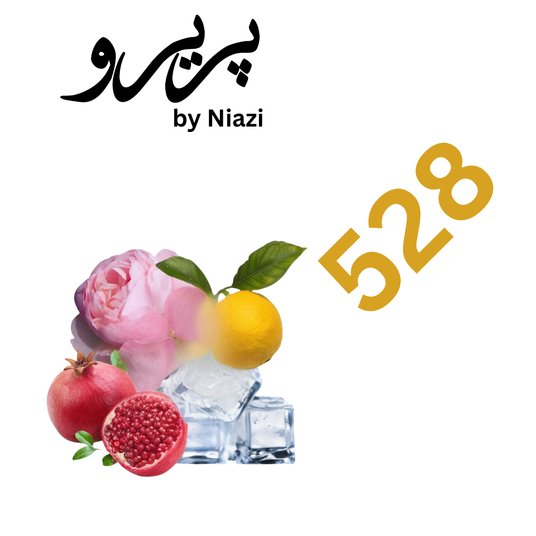 "528 Inspired by Bright Crystal Versace – a fresh feminine perfume with pomegranate, yuzu citrus, peony, magnolia, and soft musk. Luxury pink crystal fragrance bottle in a bright, elegant floral background."