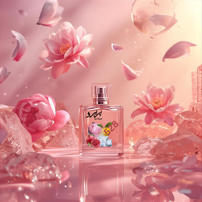 "528 Inspired by Bright Crystal Versace – a fresh feminine perfume with pomegranate, yuzu citrus, peony, magnolia, and soft musk. Luxury pink crystal fragrance bottle in a bright, elegant floral background."