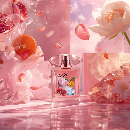 "528 Inspired by Bright Crystal Versace – a fresh feminine perfume with pomegranate, yuzu citrus, peony, magnolia, and soft musk. Luxury pink crystal fragrance bottle in a bright, elegant floral background."