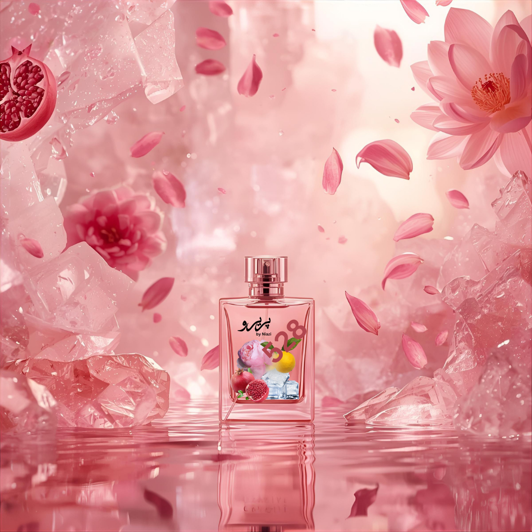 "528 Inspired by Bright Crystal Versace – a fresh feminine perfume with pomegranate, yuzu citrus, peony, magnolia, and soft musk. Luxury pink crystal fragrance bottle in a bright, elegant floral background."
