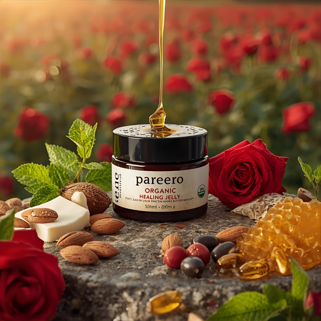 “Pareero Organic Healing Jelly – natural vegan multi-purpose skin balm with beeswax, coconut oil, almond oil, olive oil, rosehip oil, castor oil, and vitamin E.”