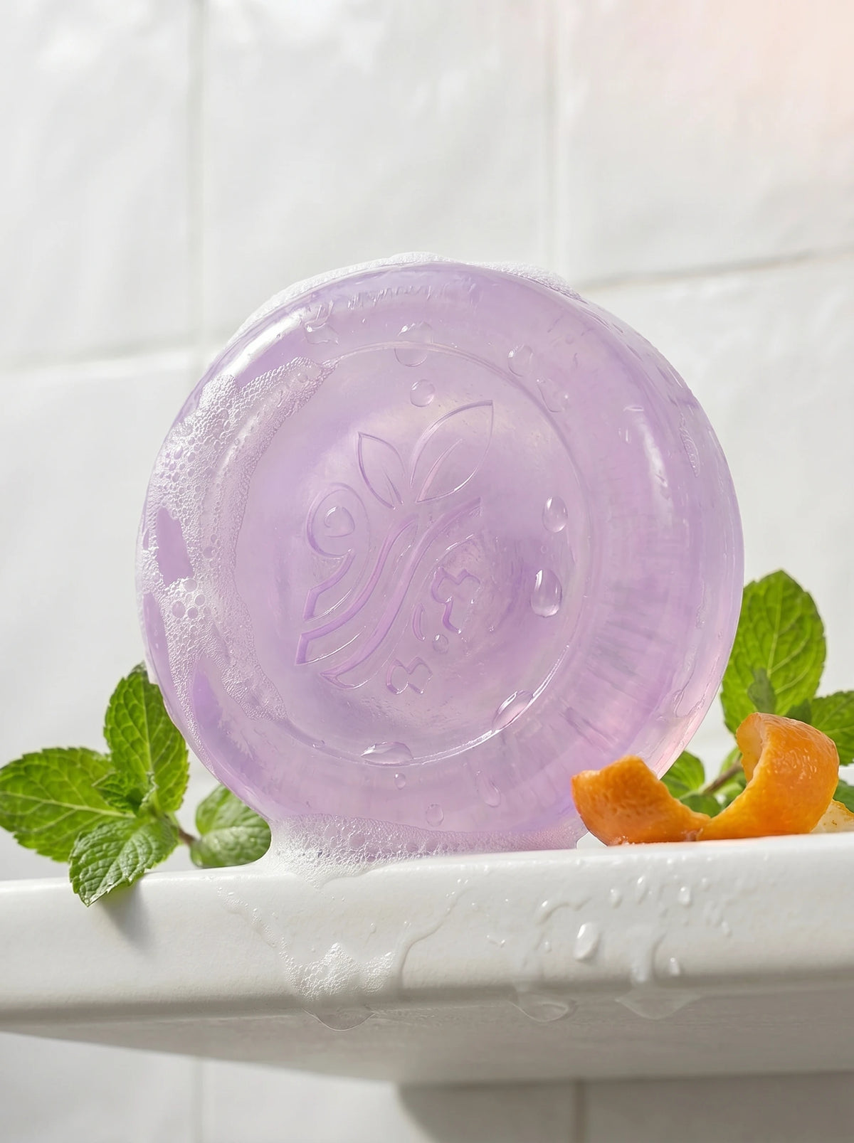 Pareero Tommy Girl perfumed soap bar upright on wet surface with mint leaves and orange peel