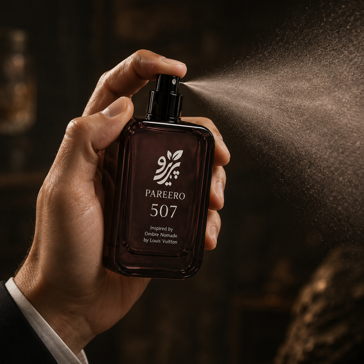 PAREERO 507 fragrance bottle being sprayed with a fine mist in warm dramatic light