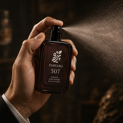 PAREERO 507 fragrance bottle being sprayed with a fine mist in warm dramatic light