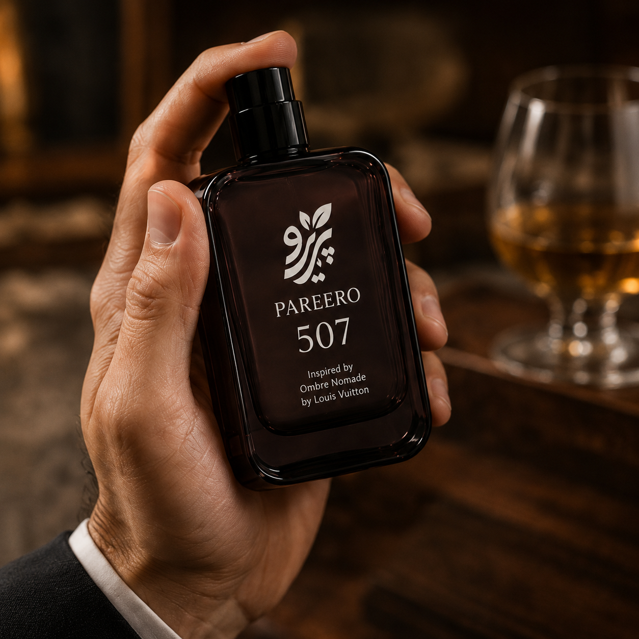Hand holding PAREERO 507 dark oud fragrance bottle in a warm luxury interior