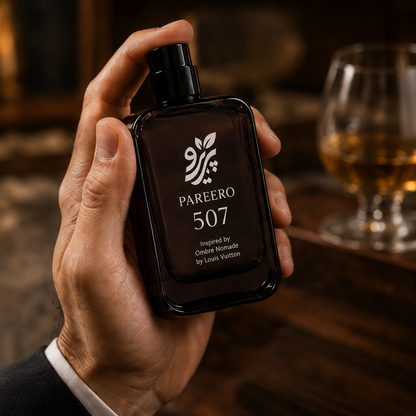 Hand holding PAREERO 507 dark oud fragrance bottle in a warm luxury interior