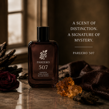 PAREERO 507 fragrance hero image with oud, rose, amber resin and luxury campaign copy