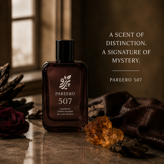 PAREERO 507 fragrance hero image with oud, rose, amber resin and luxury campaign copy