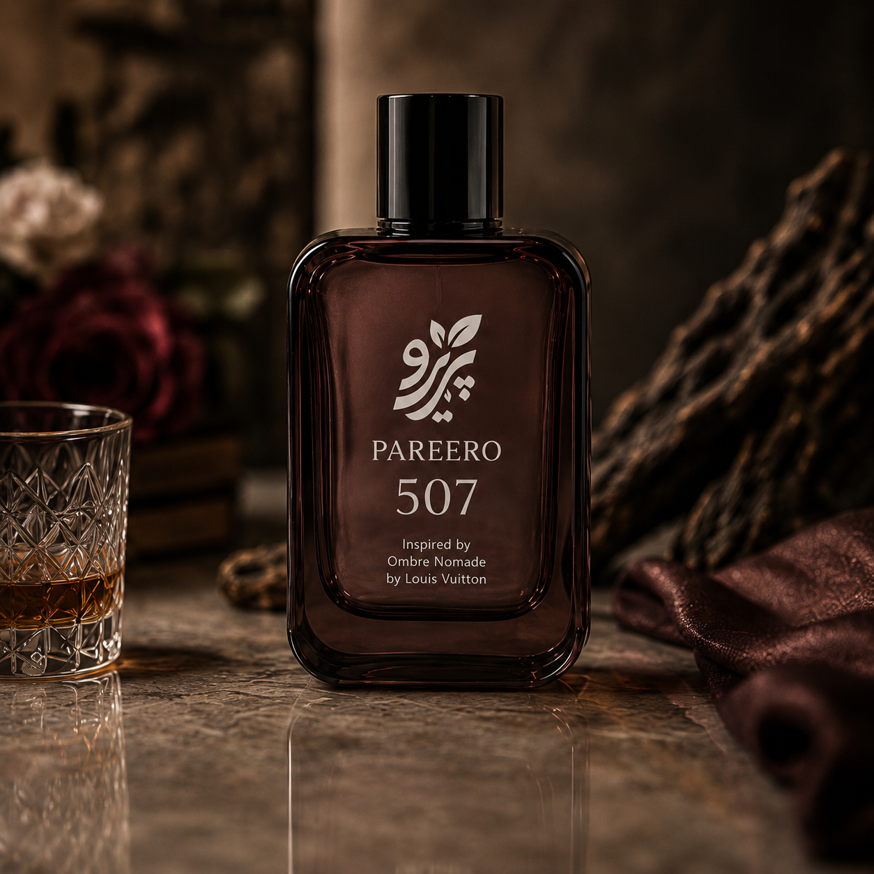 PAREERO 507 dark oud fragrance bottle with crystal glass, rose and textured wood