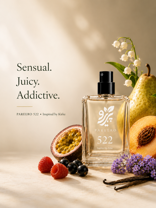 Pareero 522 Inspired by Kirke perfume hero image with pear, peach, passionfruit, berries, vanilla and florals