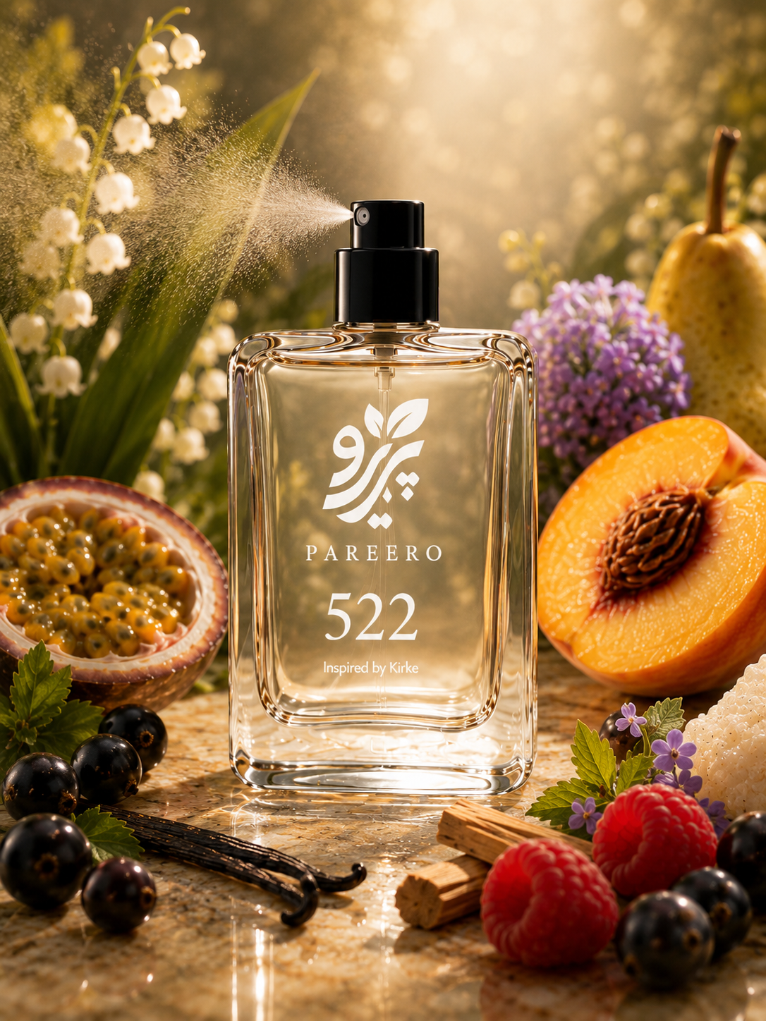 Pareero 522 Inspired by Kirke perfume spraying among pear, peach, passionfruit and flowers