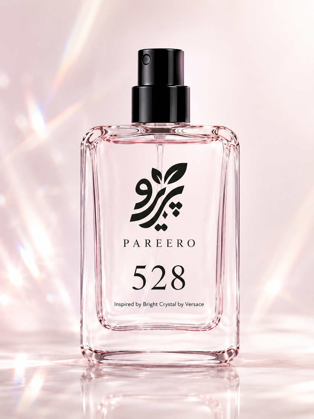 Front-facing PAREERO 528 Bright Crystal inspired fragrance on a clean luminous pink background