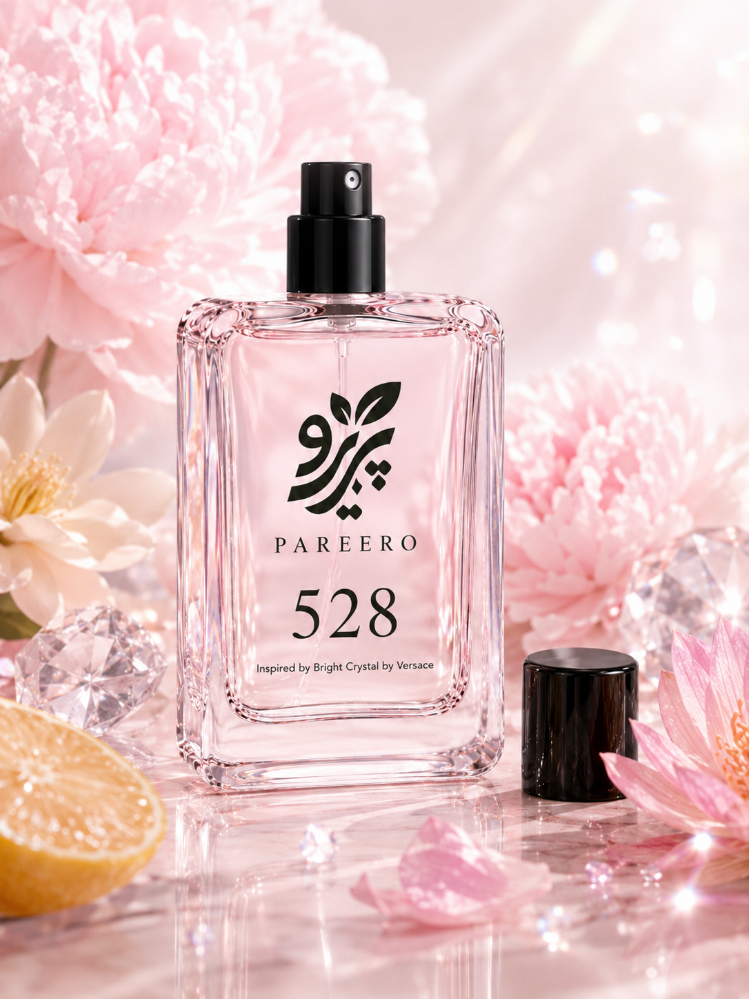 PAREERO 528 fragrance with pink peonies, citrus, lotus petals and crystal accents