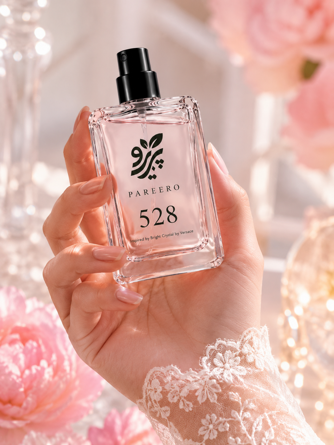 Hand holding PAREERO 528 Bright Crystal inspired fragrance in a soft pink luxury setting