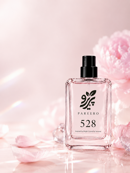 PAREERO 528 Bright Crystal inspired fragrance hero on a luminous pink floral set